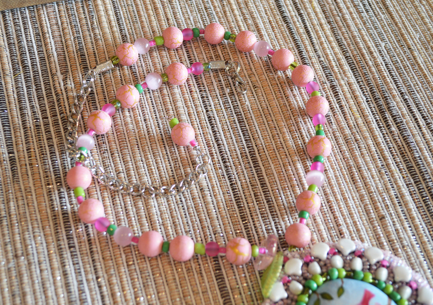 One of a kind huge bead embroidery pink bird on branch statement necklace / pink green necklace / Hand painted polymer clay focal piece