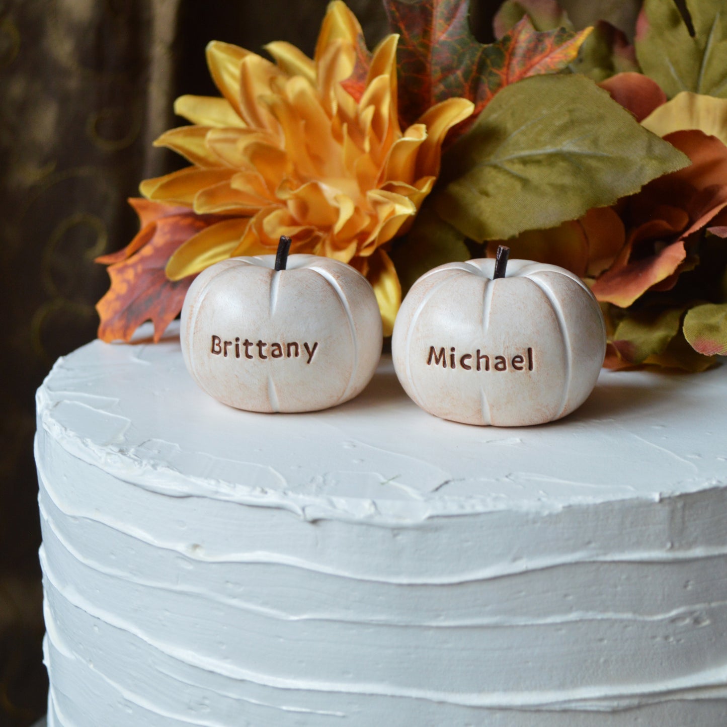 Personalized Pumpkins Wedding Cake Topper Custom Rustic White Fall Autumn Reception Table Decor