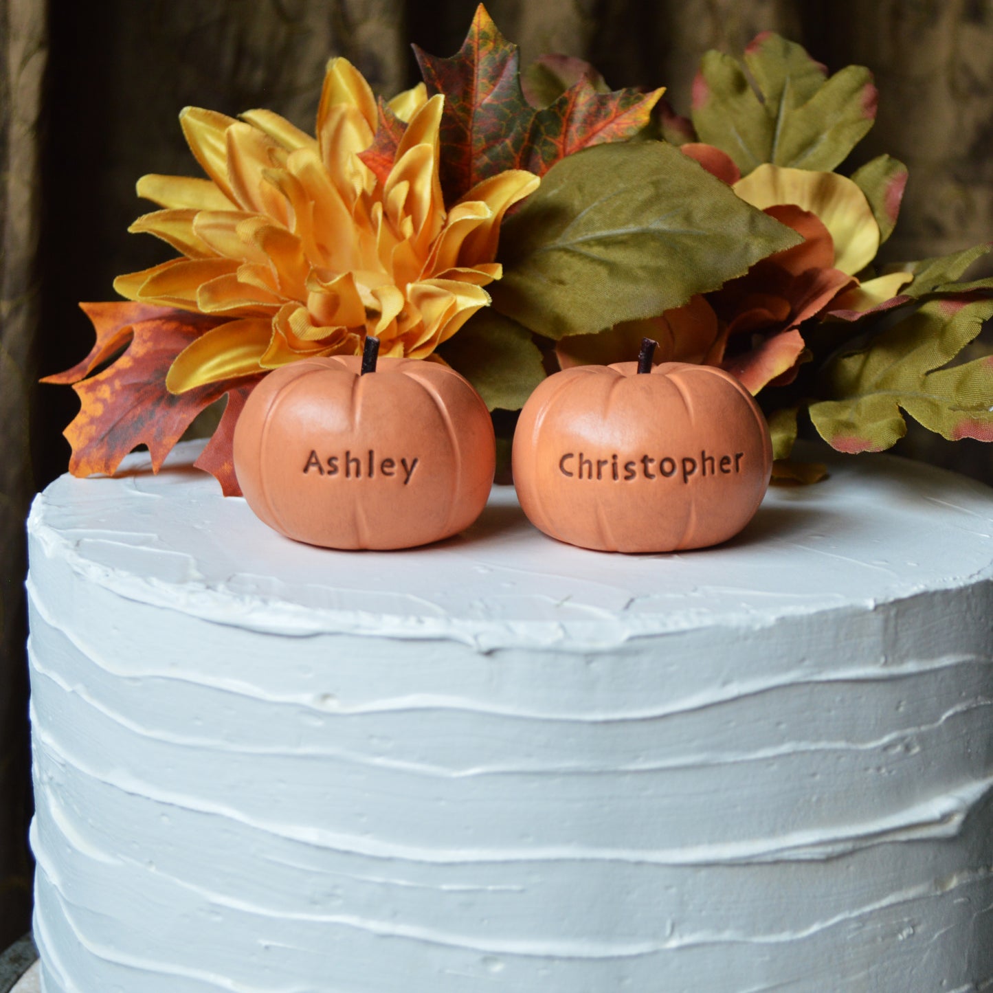 Personalized Pumpkin Wedding Cake Topper Custom Rustic Orange Name Pumpkins Fall Autumn Reception Table Decor