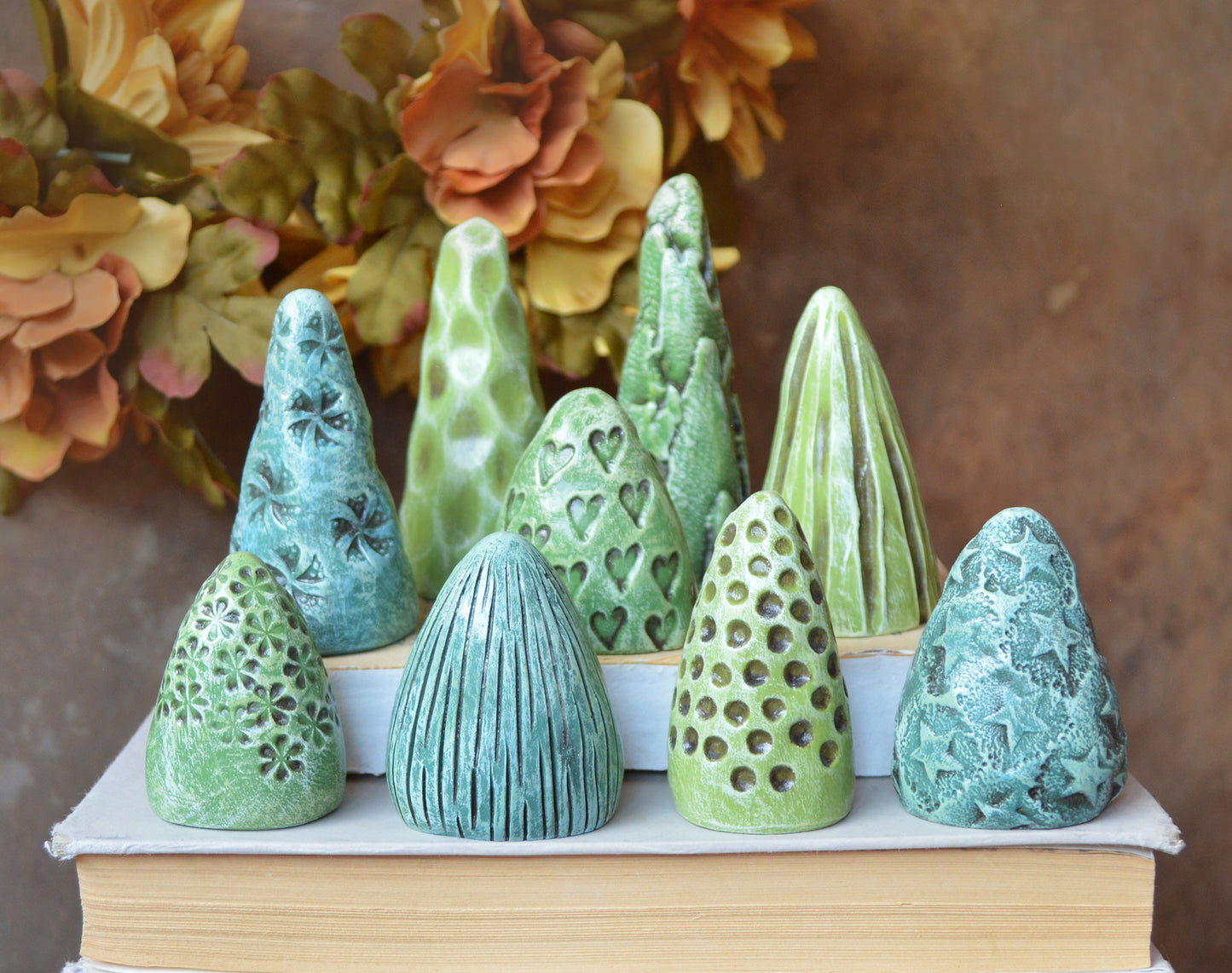 Green Clay Mini Christmas Trees Mantel Shelf Decor