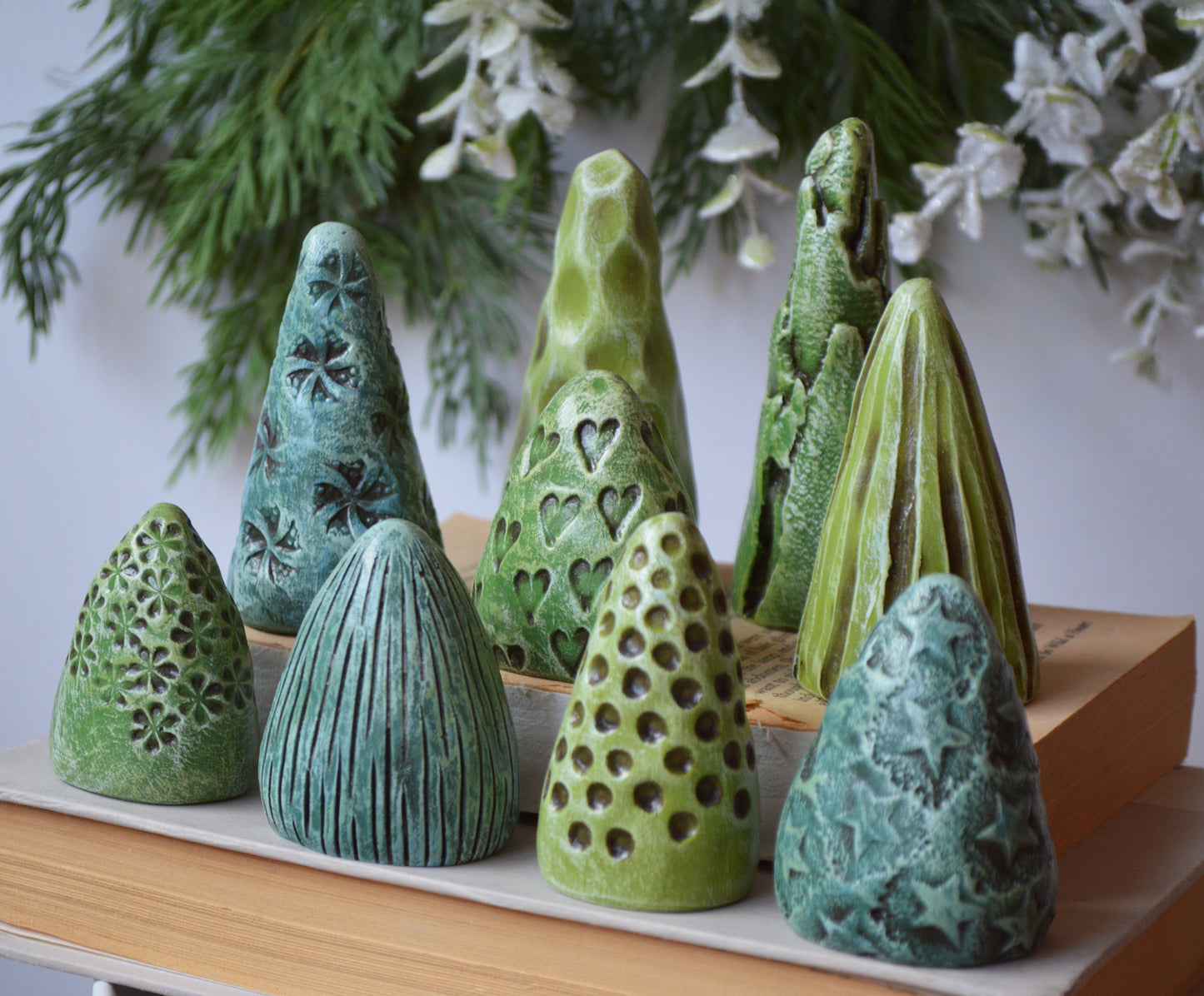 Green Clay Mini Christmas Trees Mantel Shelf Decor