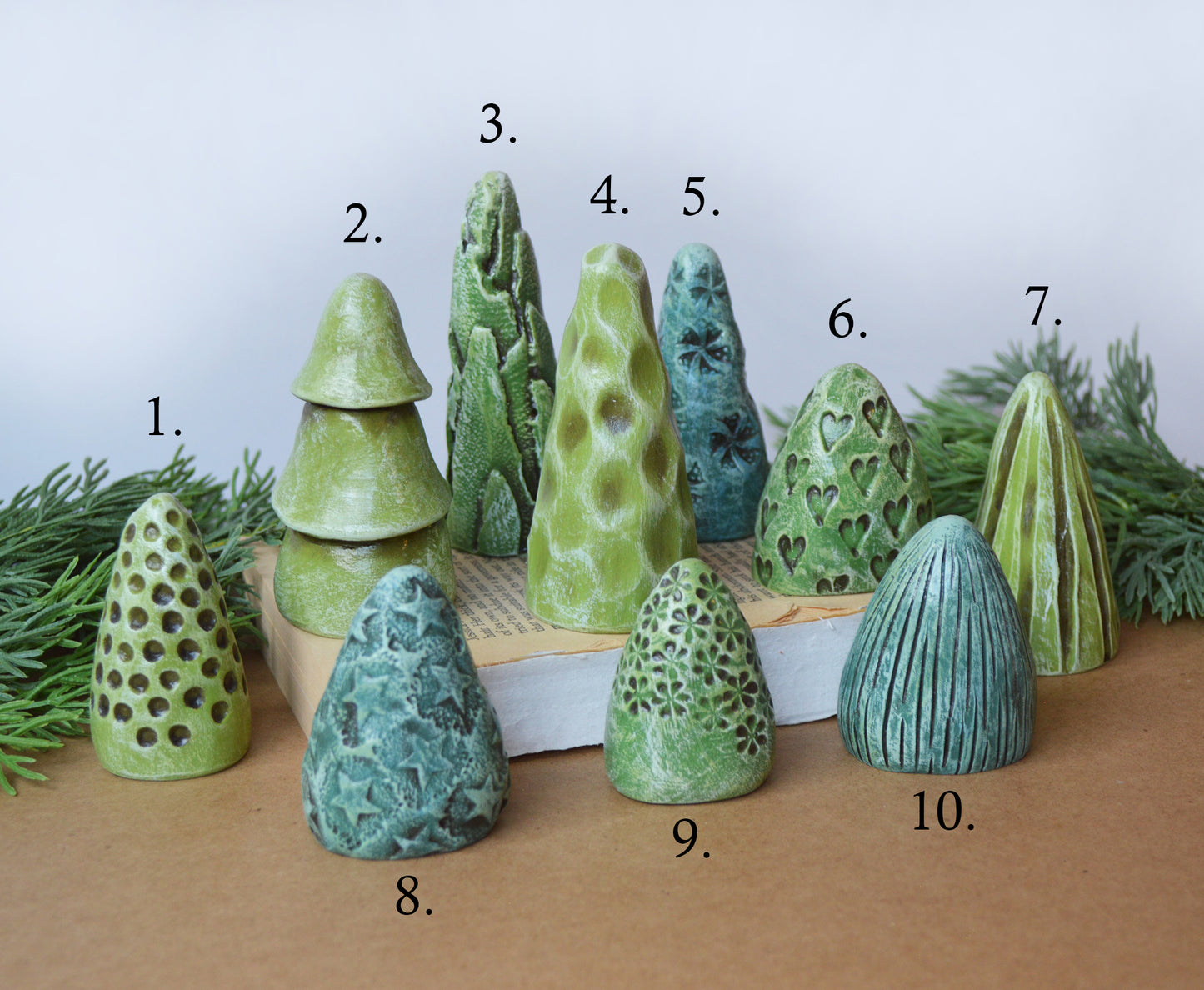 Green Clay Mini Christmas Trees Mantel Shelf Decor
