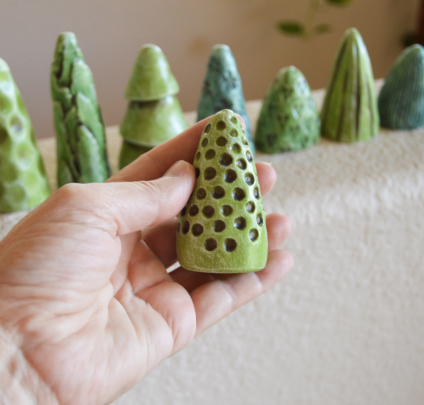 Green Clay Mini Christmas Trees Mantel Shelf Decor