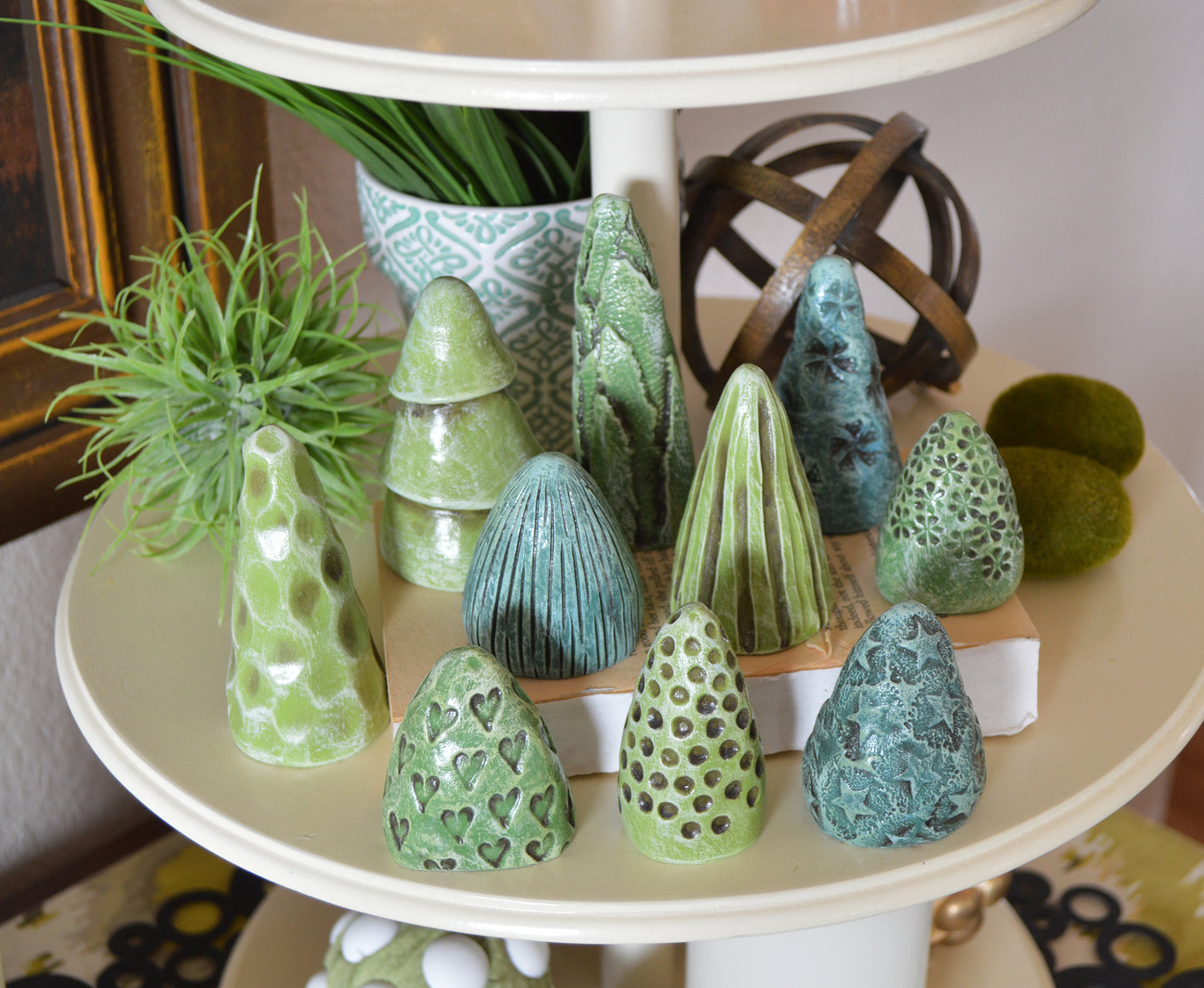 Green Clay Mini Christmas Trees Mantel Shelf Decor