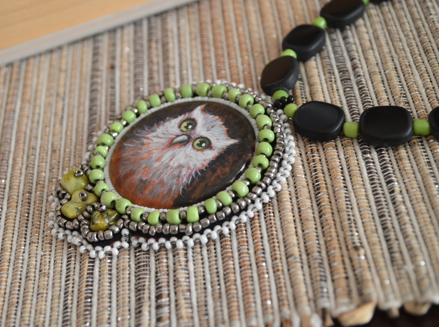 Owl necklace / One of a kind huge bead embroidery statement jewelry