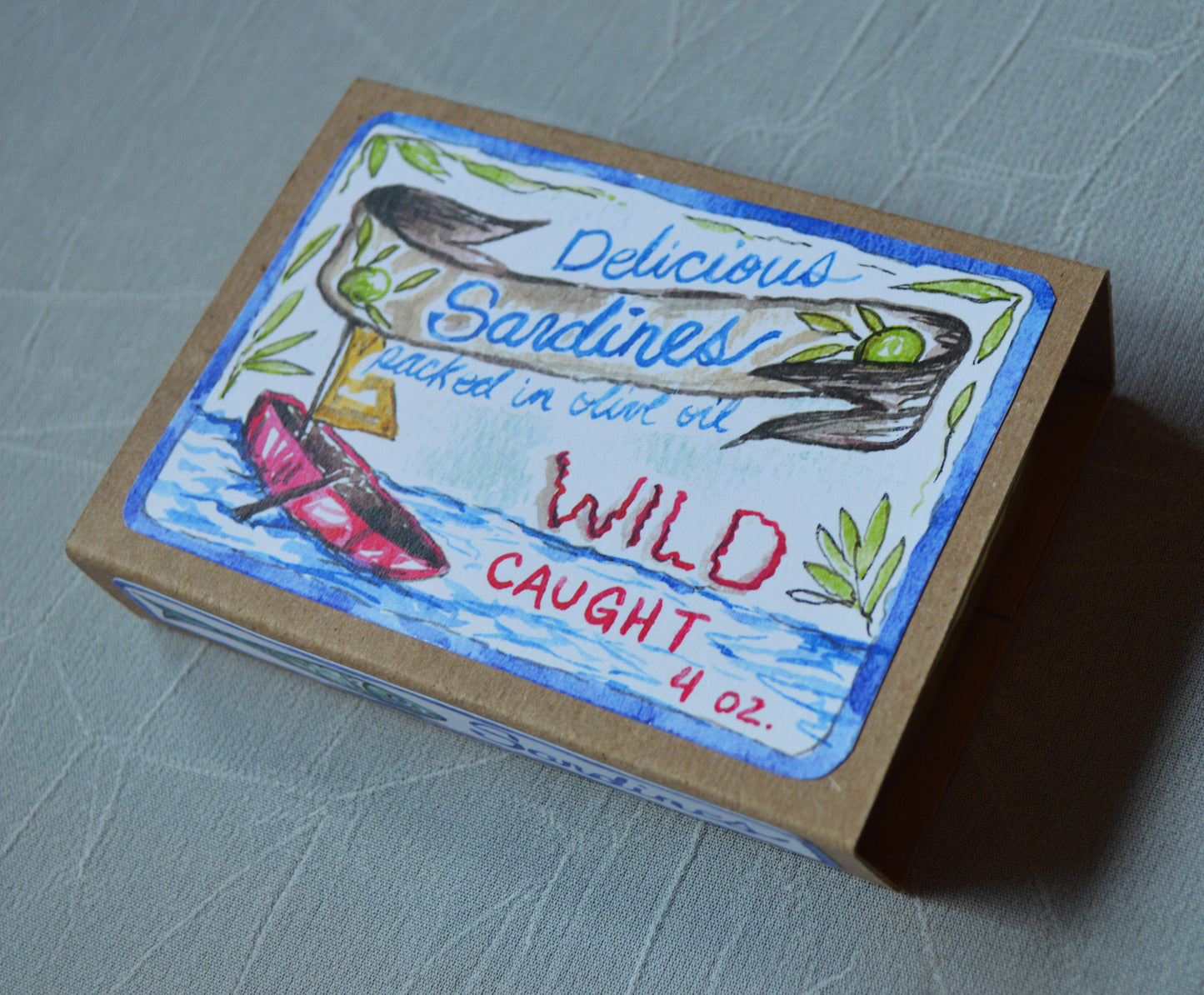 Handmade Clay Sardines in Tin with Original Art Label