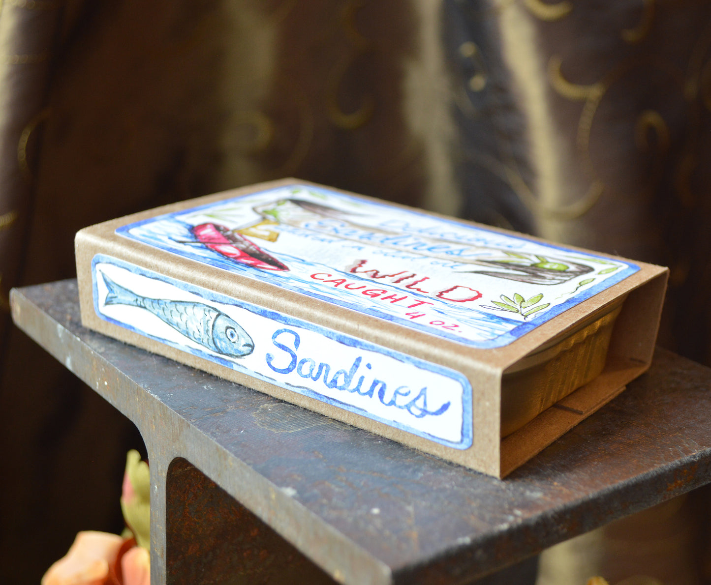 Handmade Clay Sardines in Tin with Original Art Label