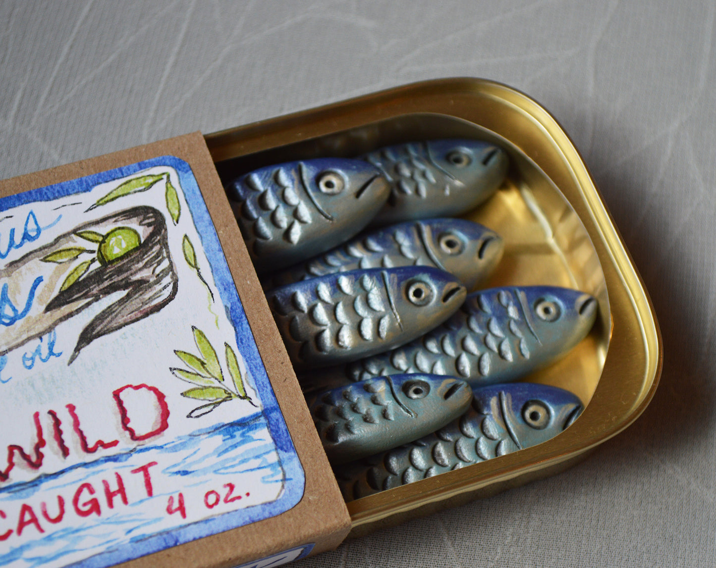 Handmade Clay Sardines in Tin with Original Art Label
