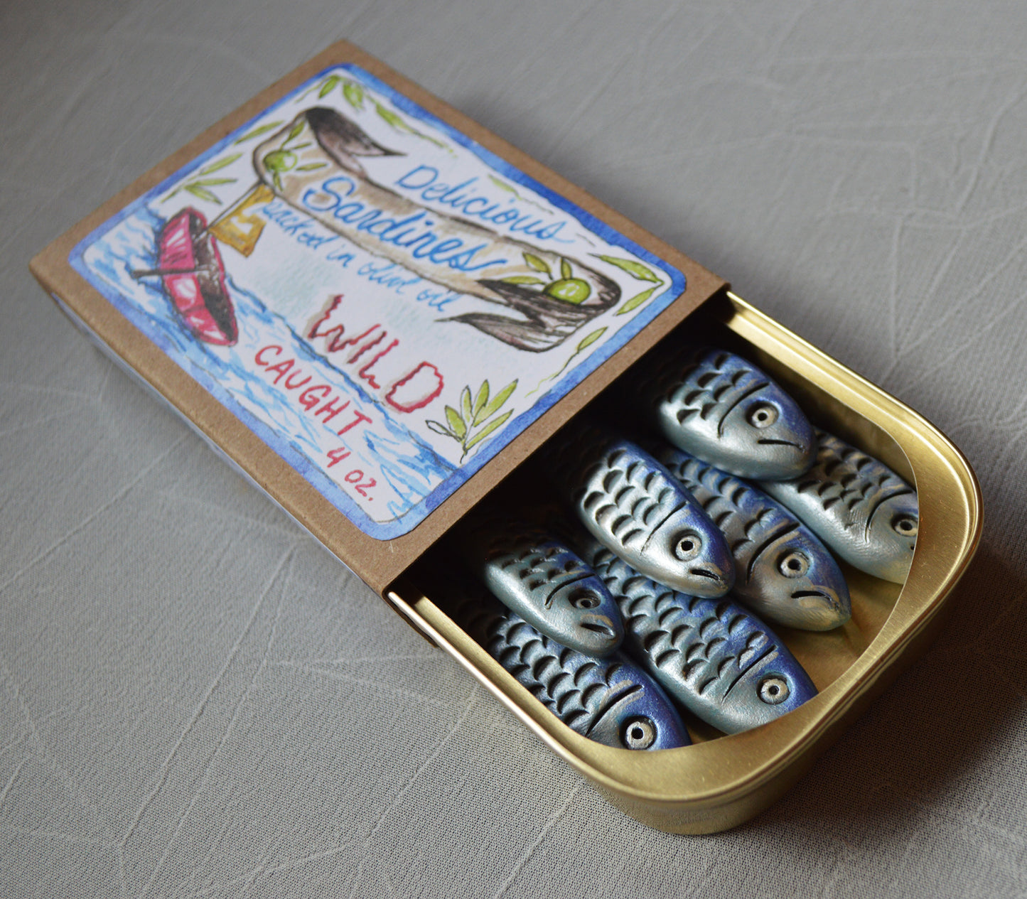 Handmade Clay Sardines in Tin with Original Art Label
