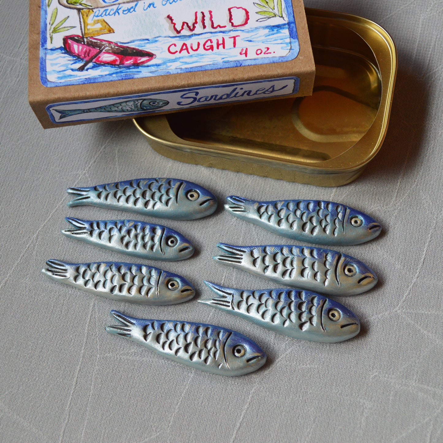 Handmade Clay Sardines in Tin with Original Art Label