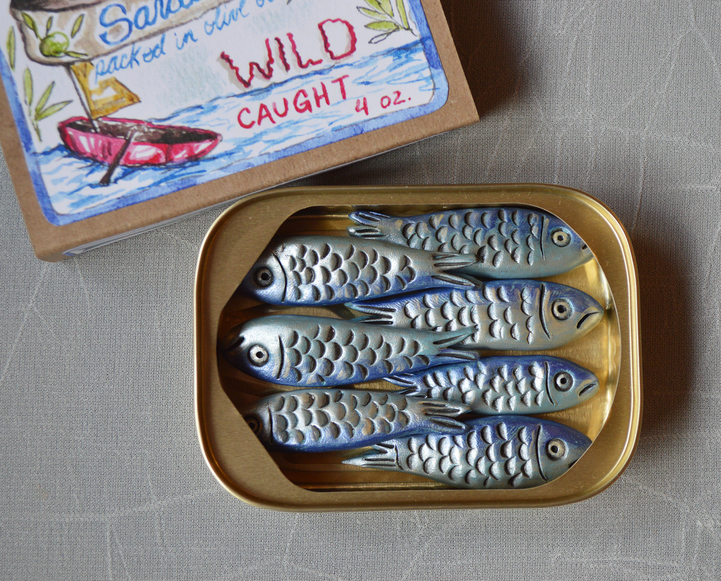 Handmade Clay Sardines in Tin with Original Art Label