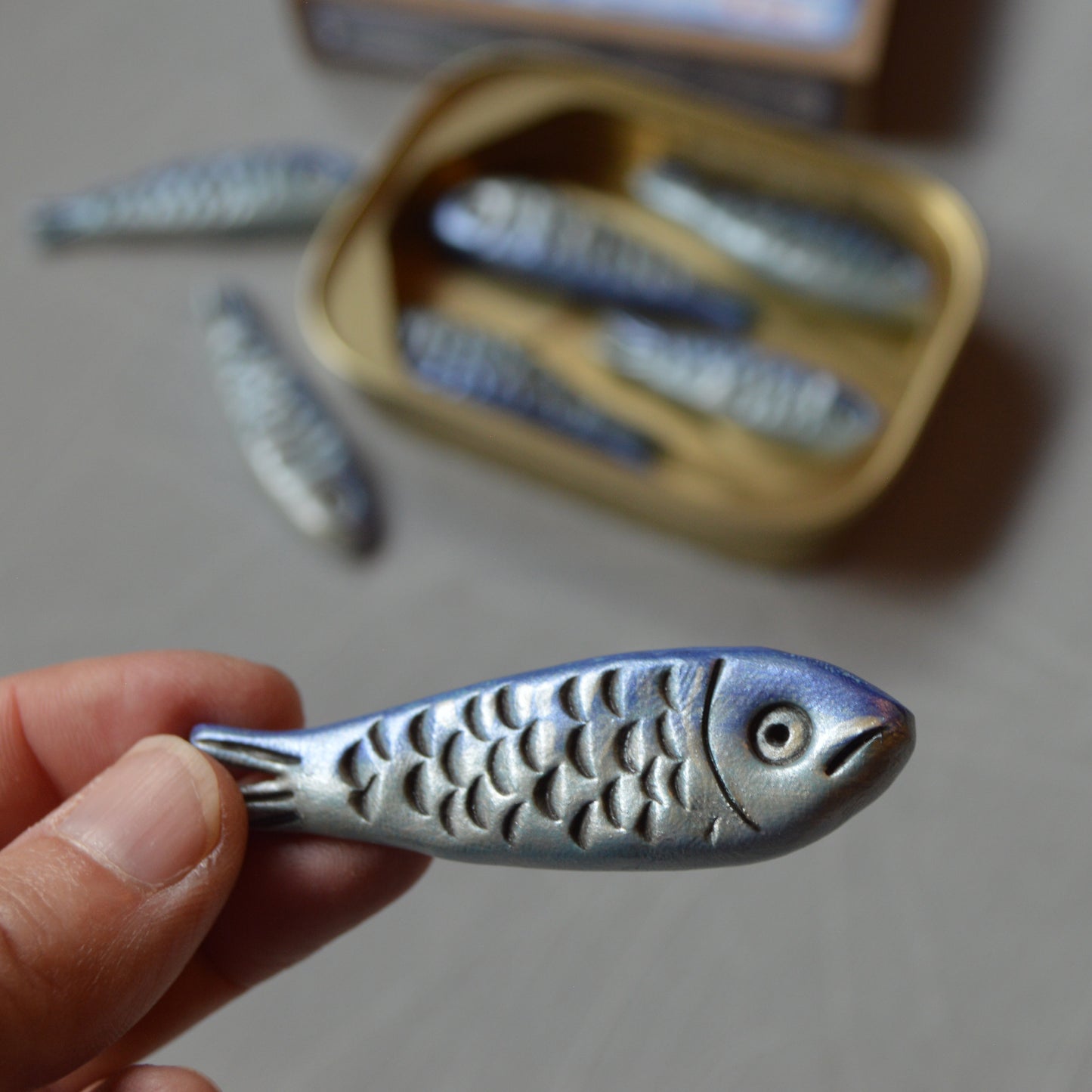 Handmade Clay Sardines in Tin with Original Art Label