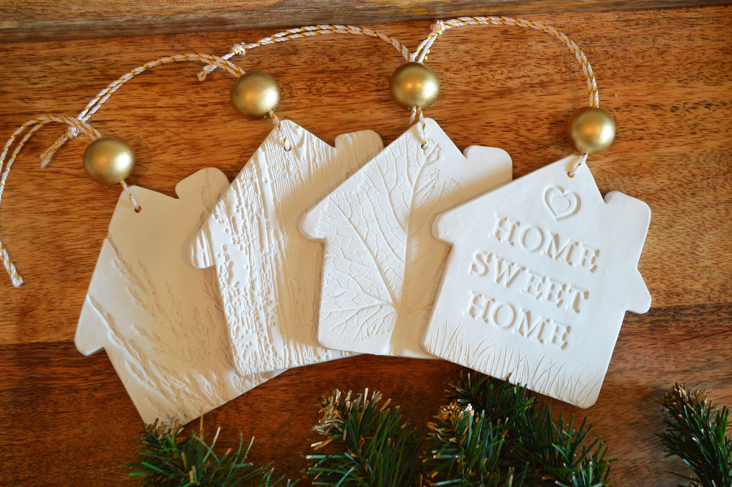 4 pure white house shaped ornaments