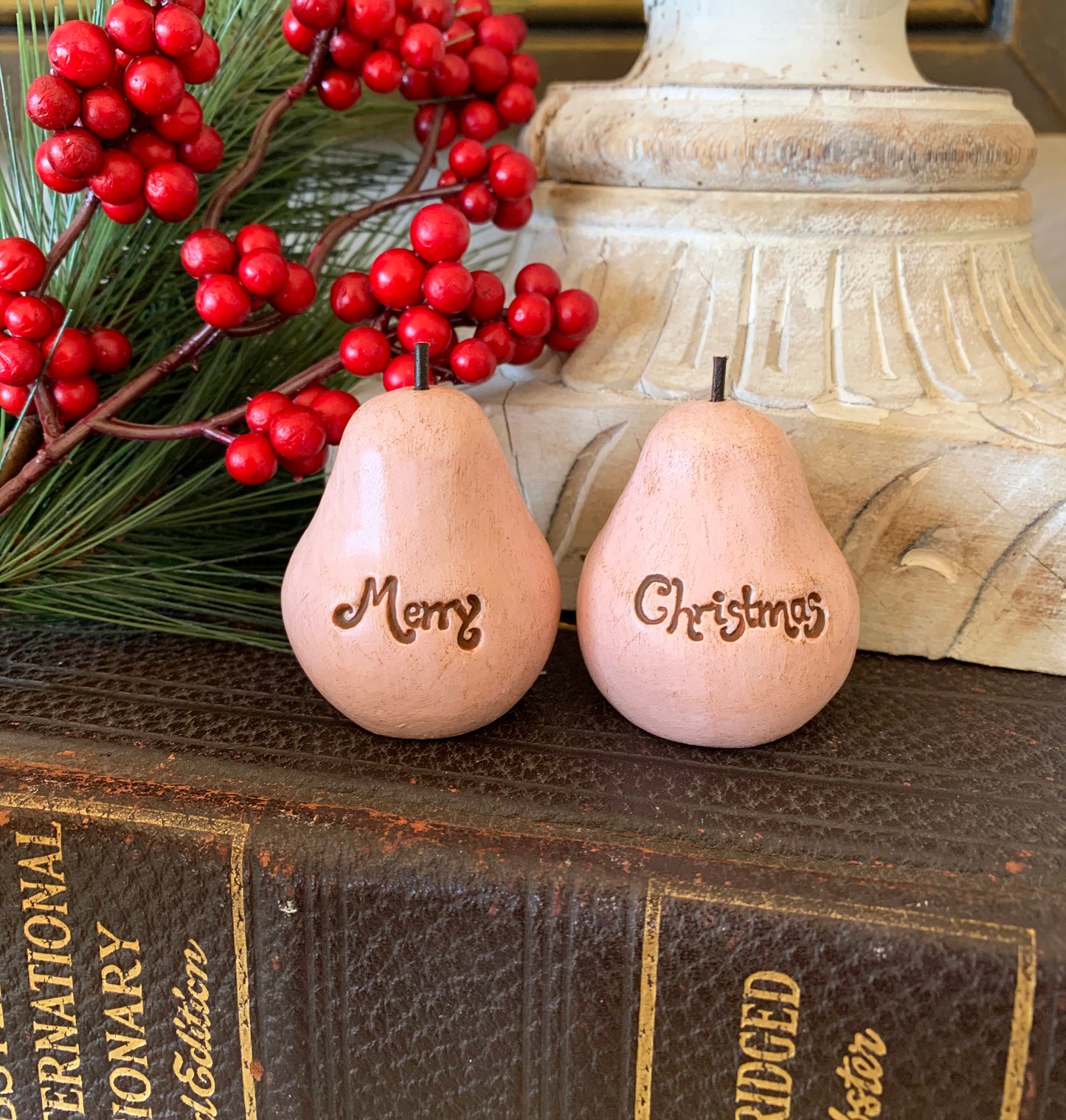 2 vintage style pink Merry Christmas pears