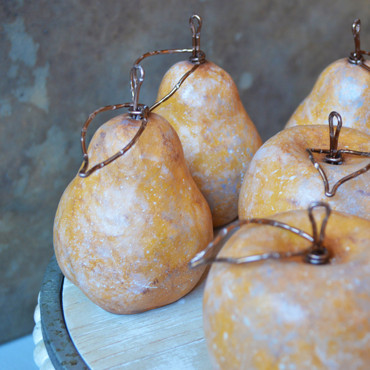 Rustic Yellow Apples & Pears With Wire Stems Leaves
