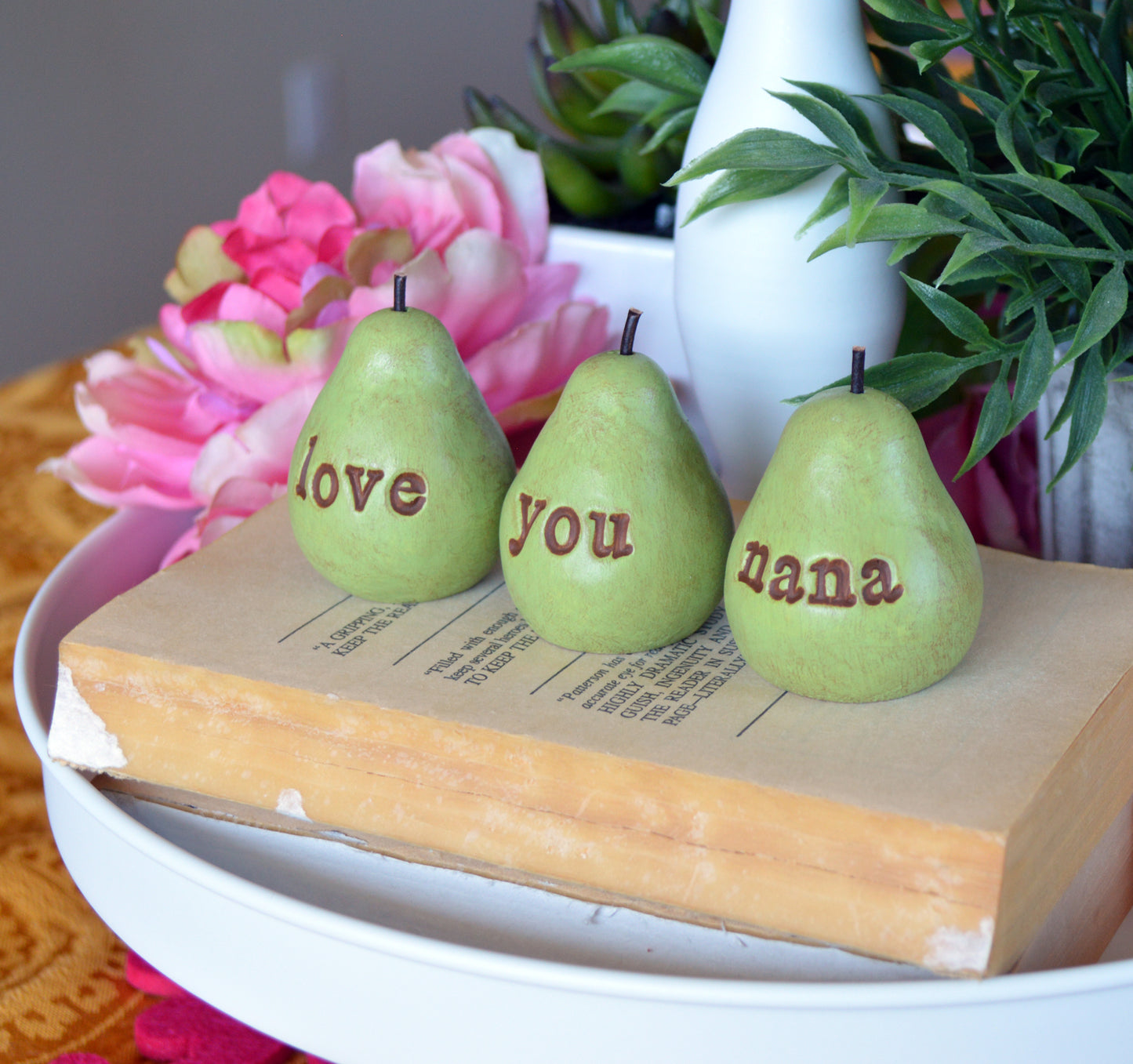 3 rustic green love you nana pears / FREE SHIPPING