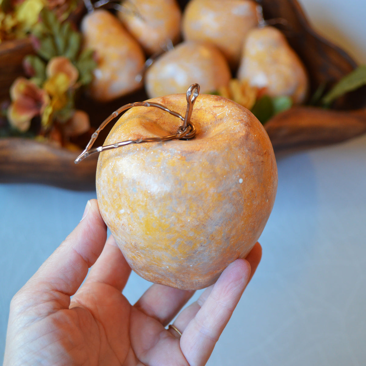 Rustic Yellow Apples With Bronze Wire Stems Leaves