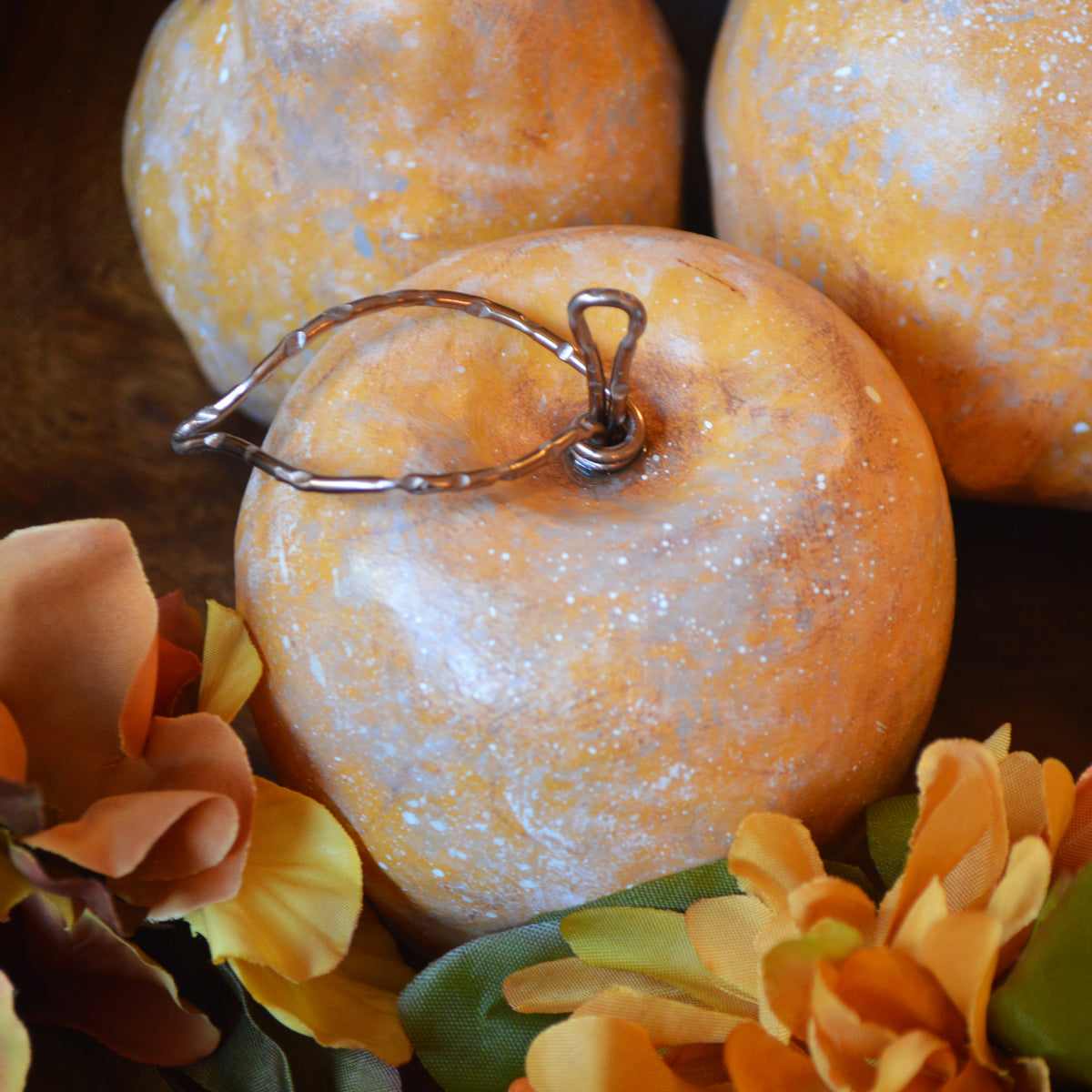 Rustic Yellow Apples With Bronze Wire Stems Leaves