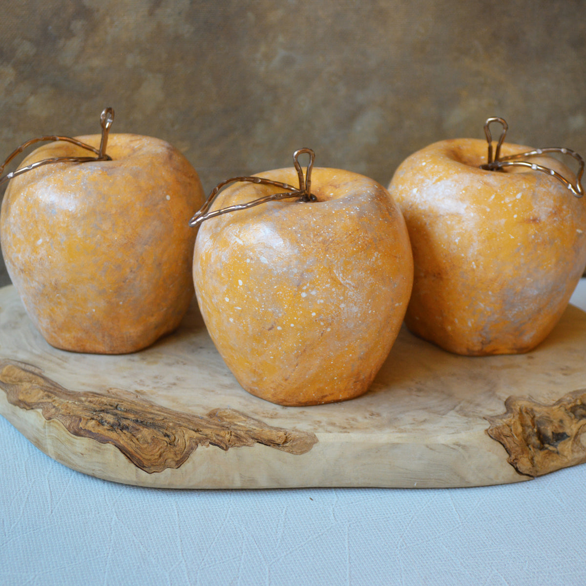Rustic Yellow Apples With Bronze Wire Stems Leaves