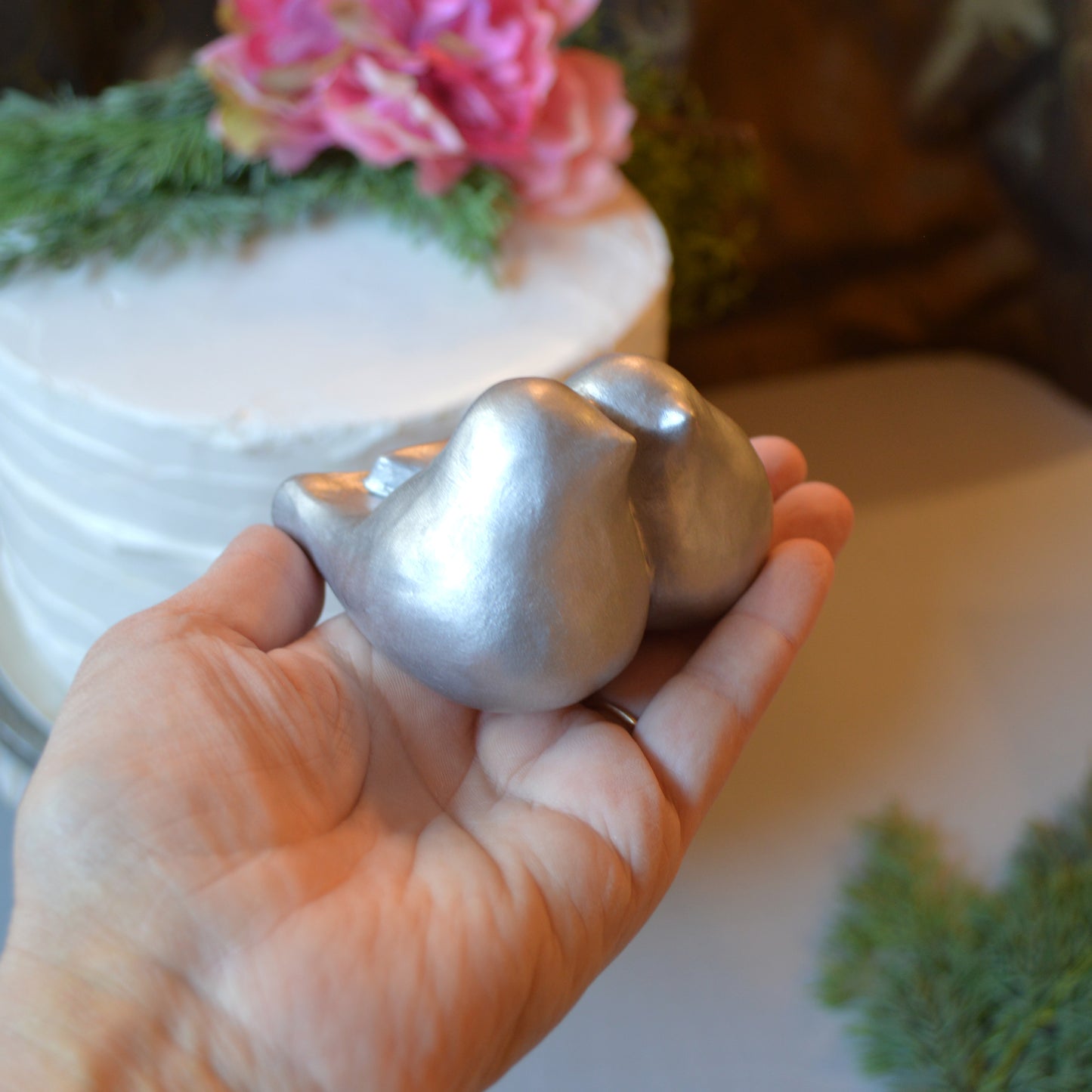 Silver Lovebirds Wedding Cake Topper