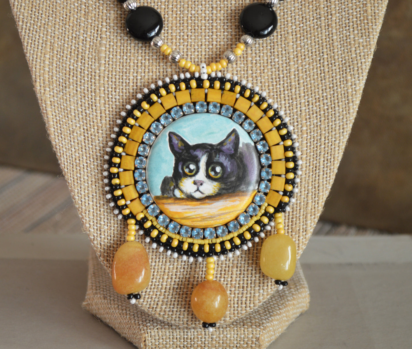 Tuxedo Cat Pendant / black white cat necklace jewelry / Hand painted art piece animal painting bead embroidery