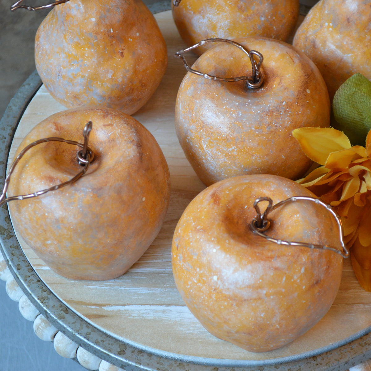 Rustic Yellow Apples With Bronze Wire Stems Leaves