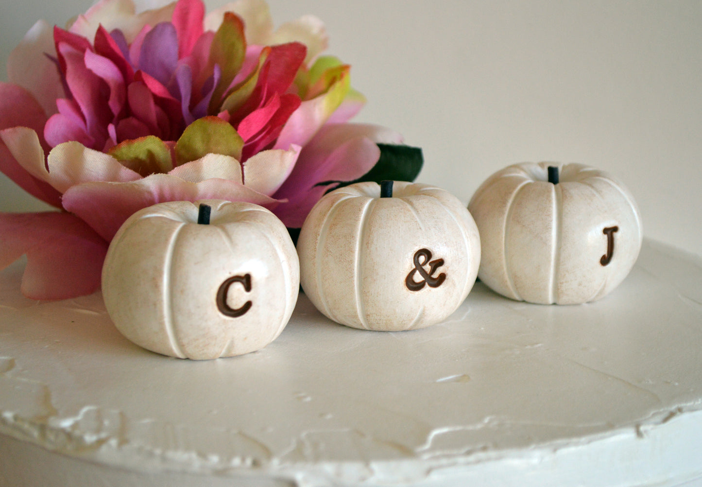 Custom personalized initials wedding cake topper white pumpkins / FREE SHIPPING