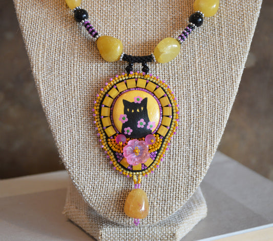 SOLD - One of a kind huge bead embroidery black cat statement necklace
