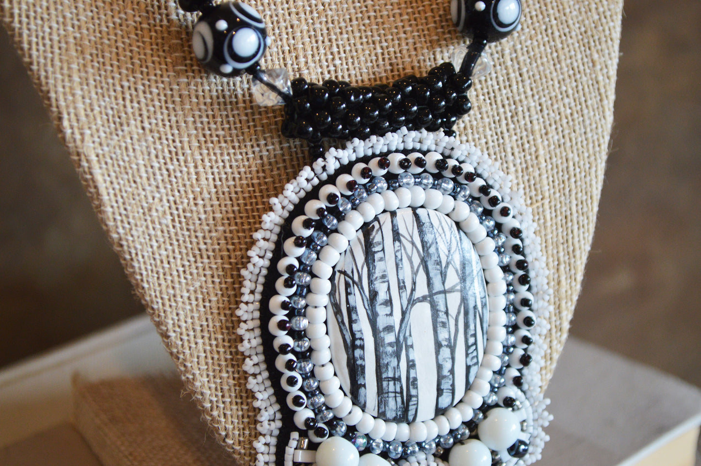 One of a kind huge bead embroidery aspen black white trees statement necklace / black white necklace / Hand painted polymer clay focal piece