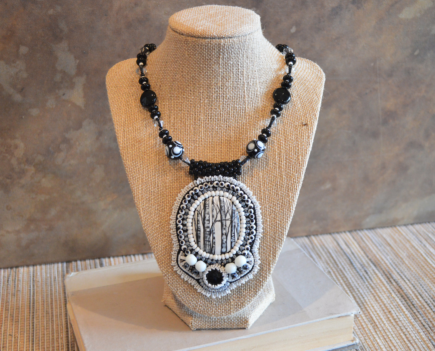 One of a kind huge bead embroidery aspen black white trees statement necklace / black white necklace / Hand painted polymer clay focal piece