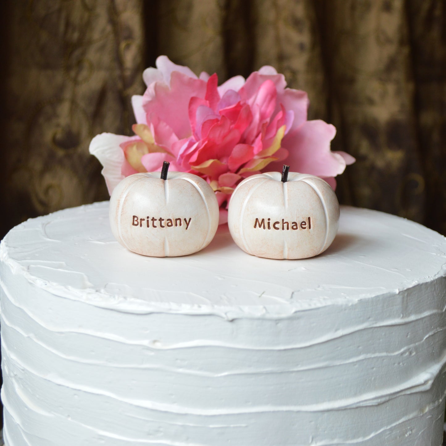 Personalized Pumpkins Wedding Cake Topper Custom Rustic White Fall Autumn Reception Table Decor