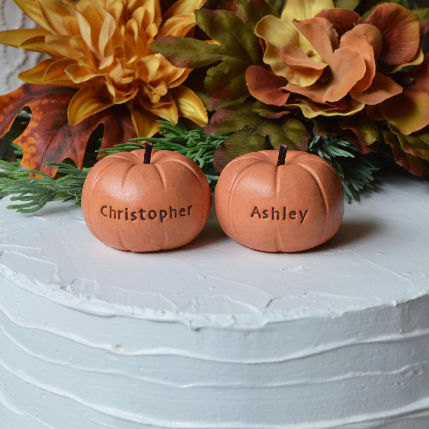 Personalized Pumpkin Wedding Cake Topper Custom Rustic Orange Name Pumpkins Fall Autumn Reception Table Decor