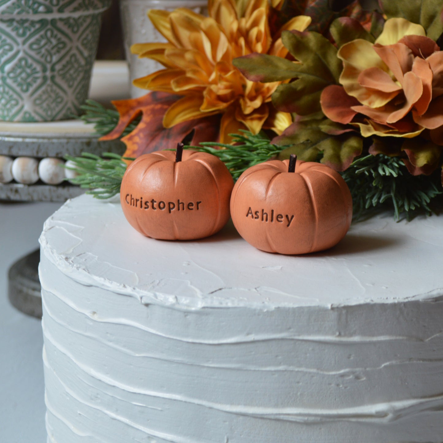 Personalized Pumpkin Wedding Cake Topper Custom Rustic Orange Name Pumpkins Fall Autumn Reception Table Decor