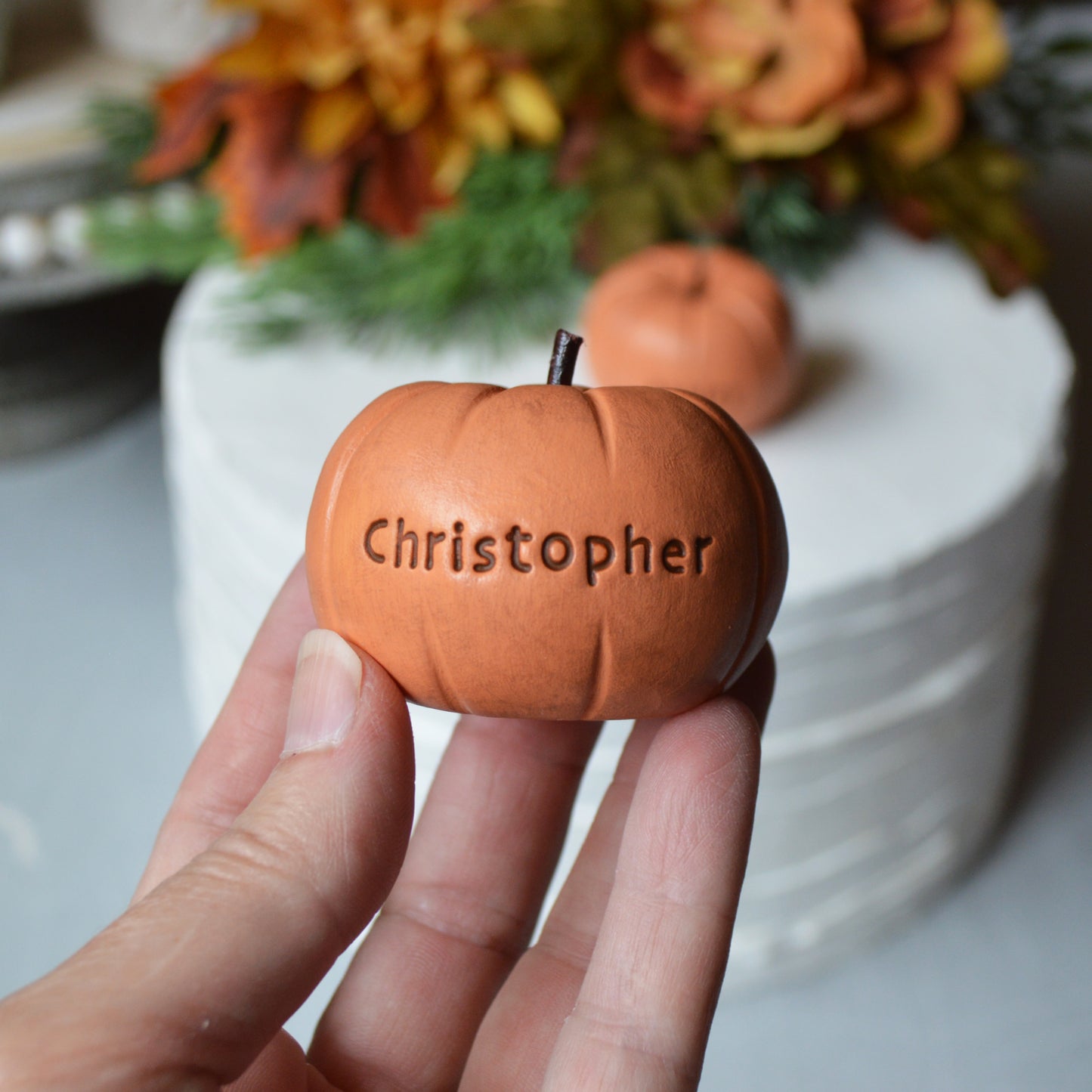 Personalized Pumpkin Wedding Cake Topper Custom Rustic Orange Name Pumpkins Fall Autumn Reception Table Decor