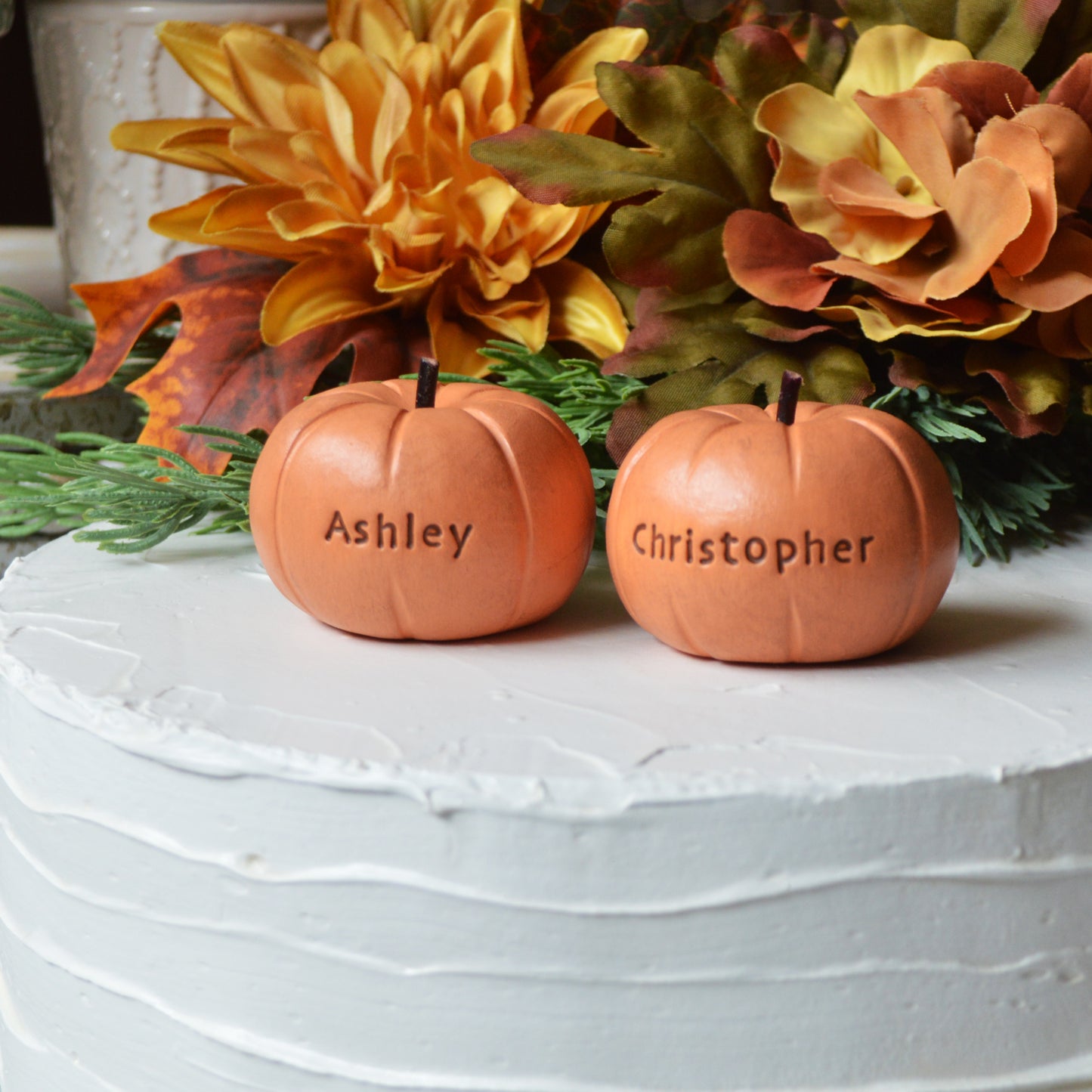 Personalized Pumpkin Wedding Cake Topper Custom Rustic Orange Name Pumpkins Fall Autumn Reception Table Decor