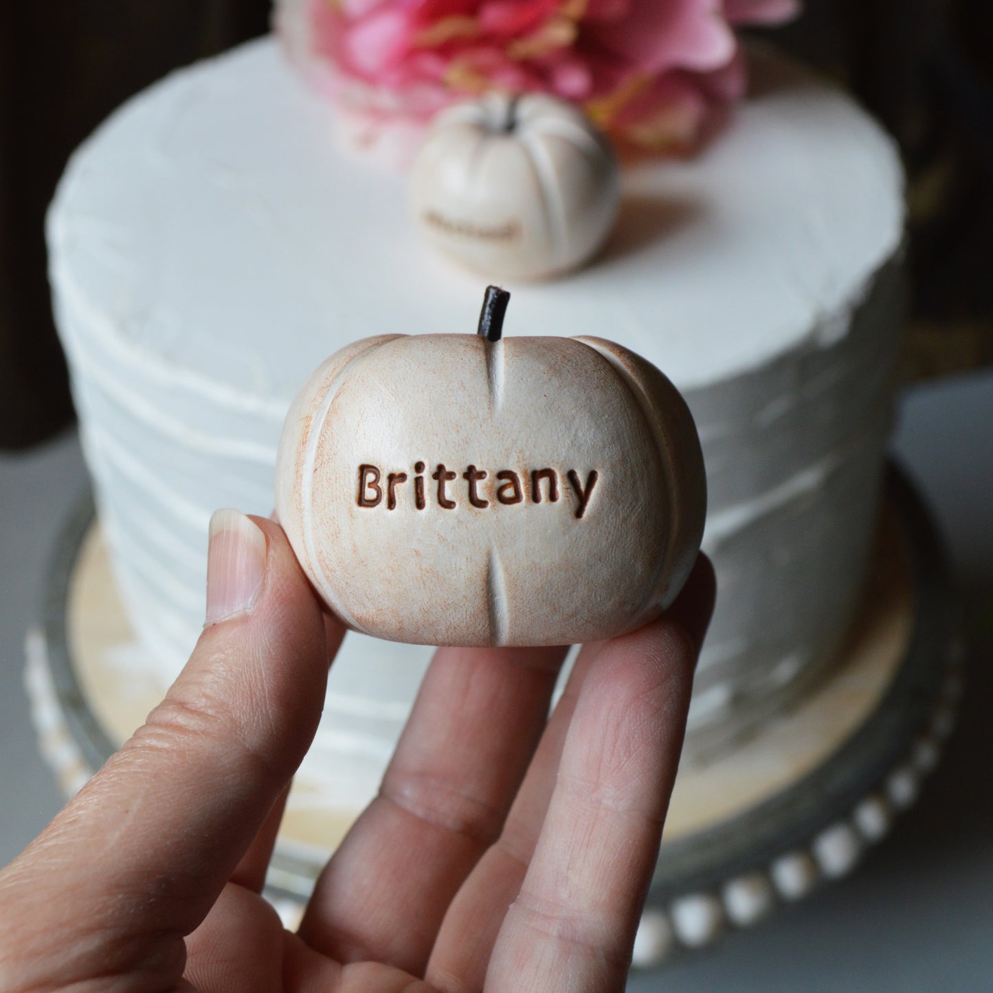 Personalized Pumpkins Wedding Cake Topper Custom Rustic White Fall Autumn Reception Table Decor