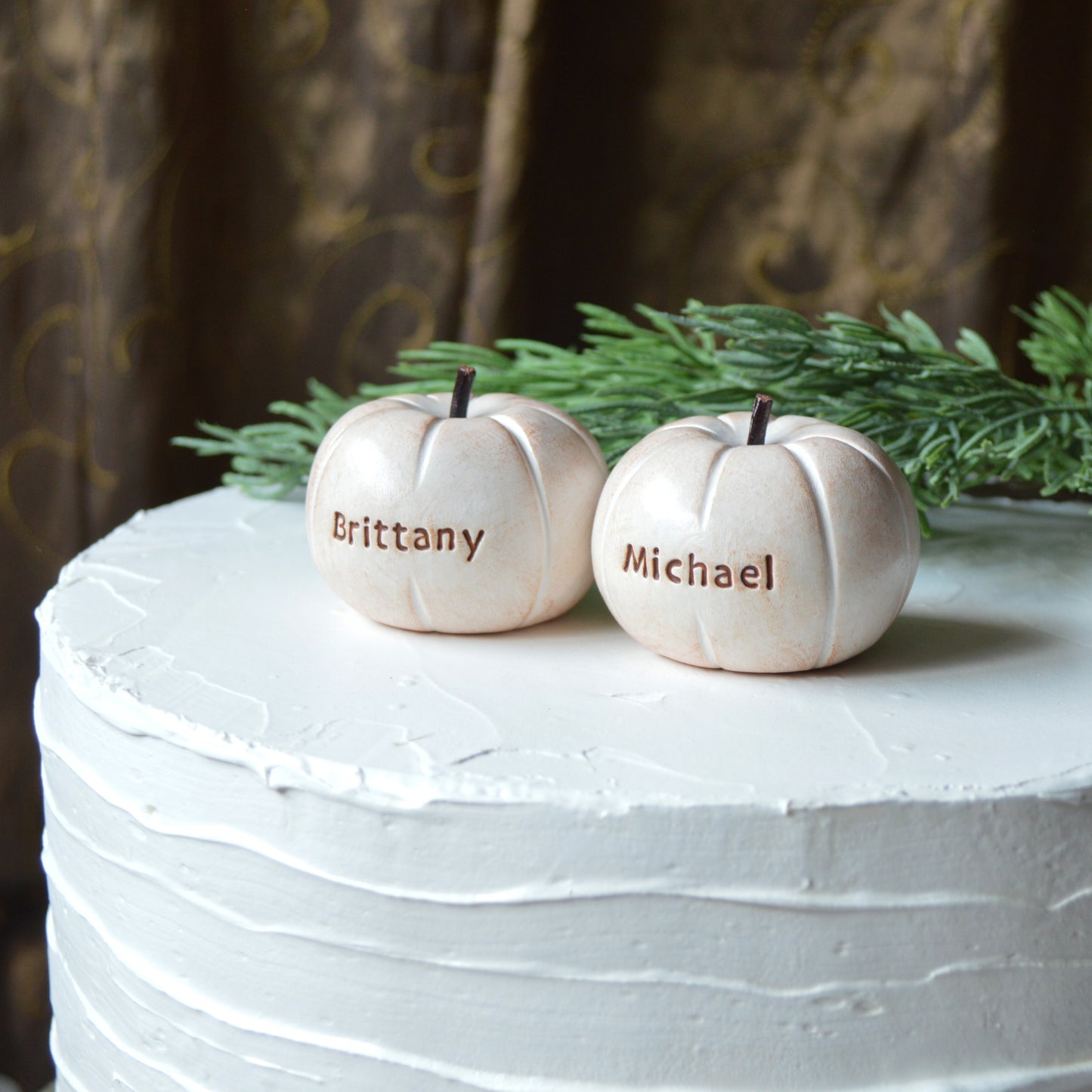 Personalized Pumpkins Wedding Cake Topper Custom Rustic White Fall Autumn Reception Table Decor