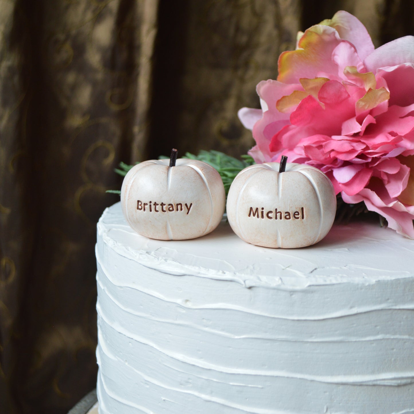Personalized Pumpkins Wedding Cake Topper Custom Rustic White Fall Autumn Reception Table Decor
