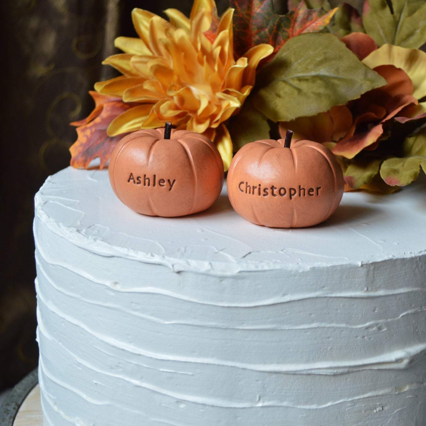 Personalized Pumpkin Wedding Cake Topper Custom Rustic Orange Name Pumpkins Fall Autumn Reception Table Decor