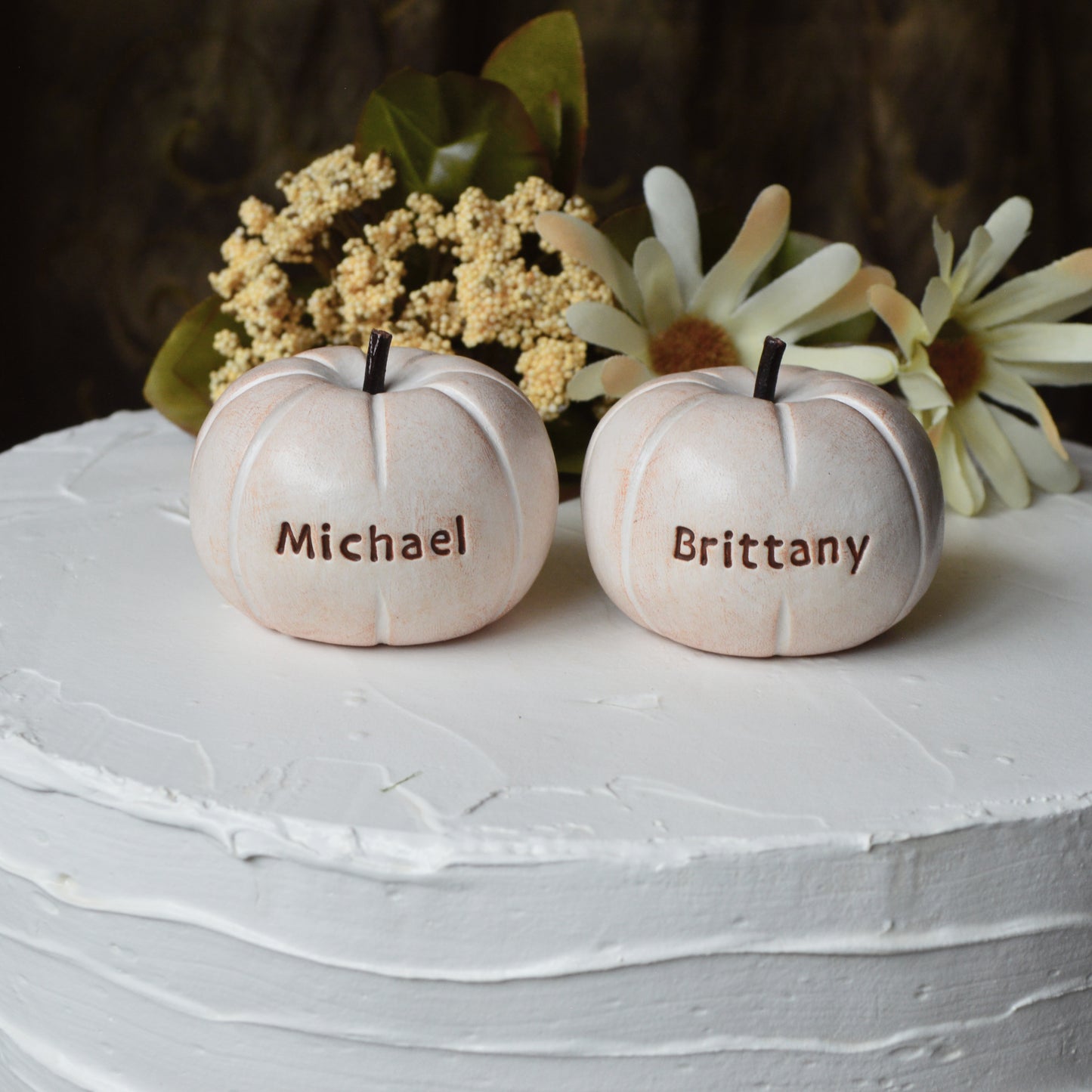 Personalized Pumpkins Wedding Cake Topper Custom Rustic White Fall Autumn Reception Table Decor