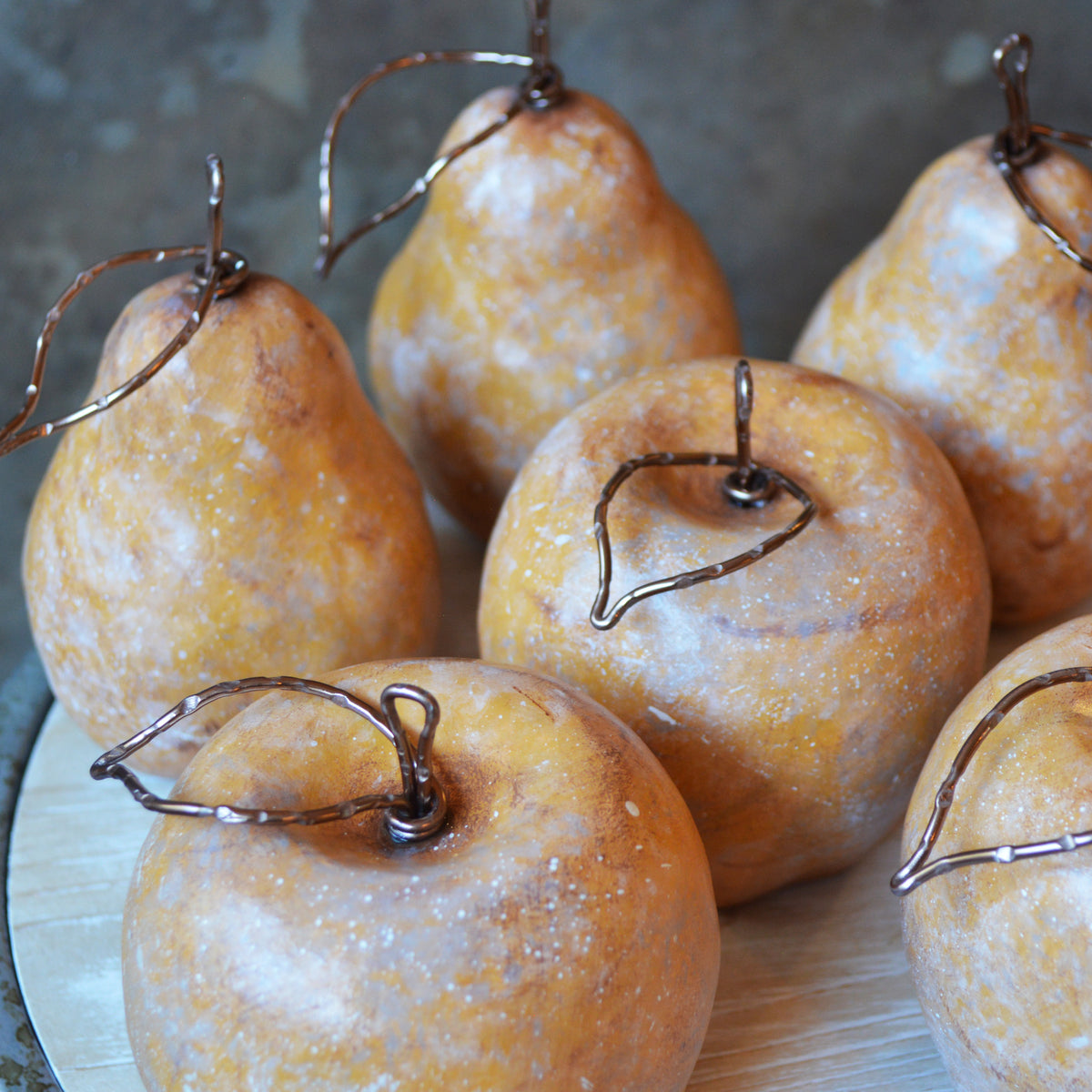 Rustic Yellow Apples & Pears With Wire Stems Leaves