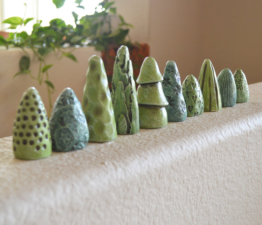 Green Clay Mini Christmas Trees Mantel Shelf Decor