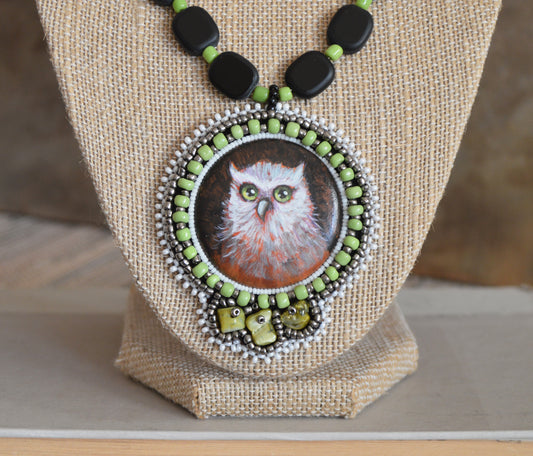 Owl necklace / One of a kind huge bead embroidery statement jewelry