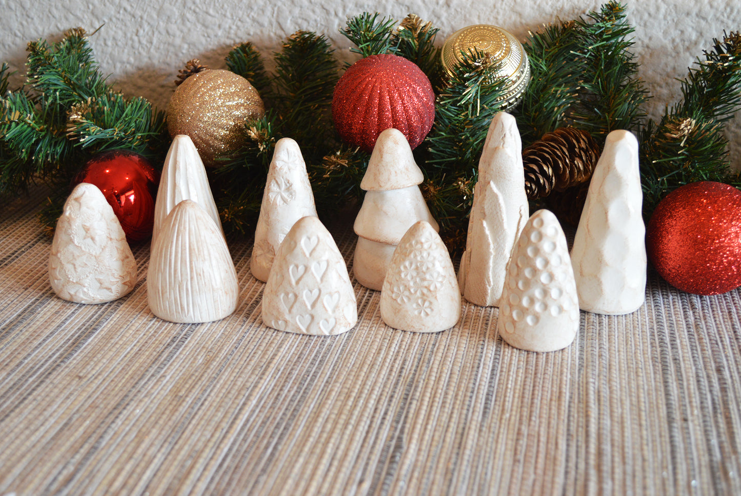 Set of 10 mini Christmas trees / terrarium desk bookshelf decor / gift for family friends / small abstract clay Xmas trees decoration