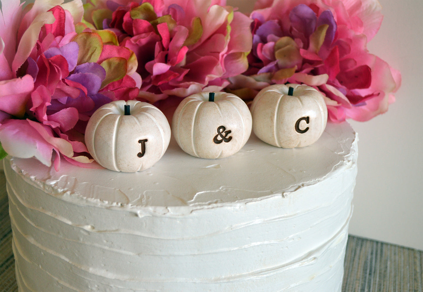 Custom personalized initials wedding cake topper white pumpkins / FREE SHIPPING