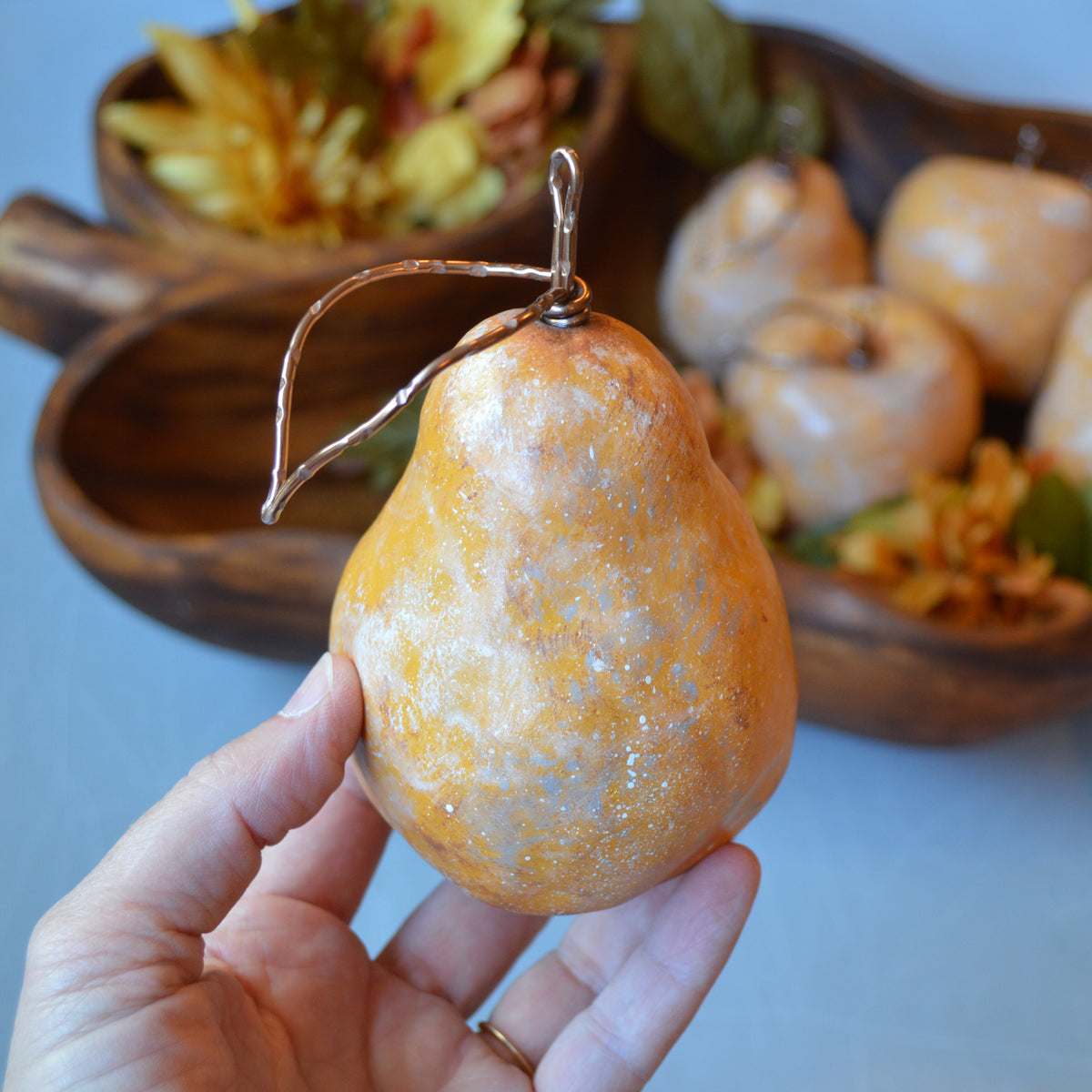 Rustic Yellow Apples & Pears With Wire Stems Leaves