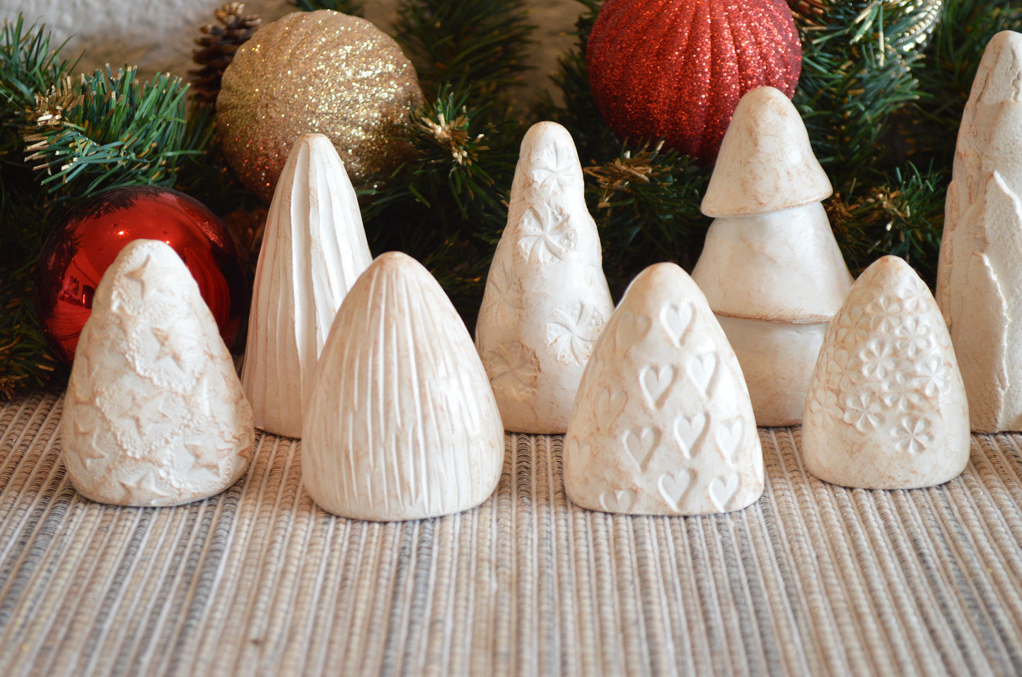 Set of 10 mini Christmas trees / terrarium desk bookshelf decor / gift for family friends / small abstract clay Xmas trees decoration