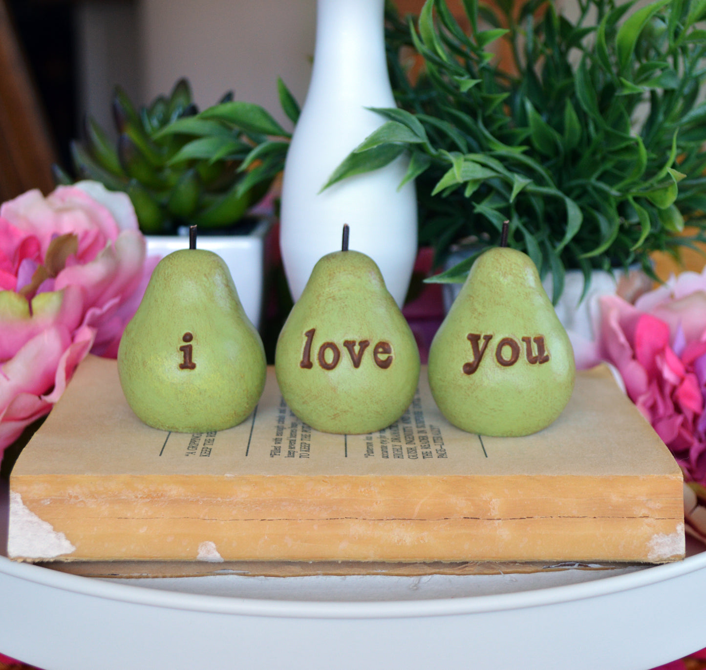 Set of 3 rustic green i love you pears / FREE SHIPPING