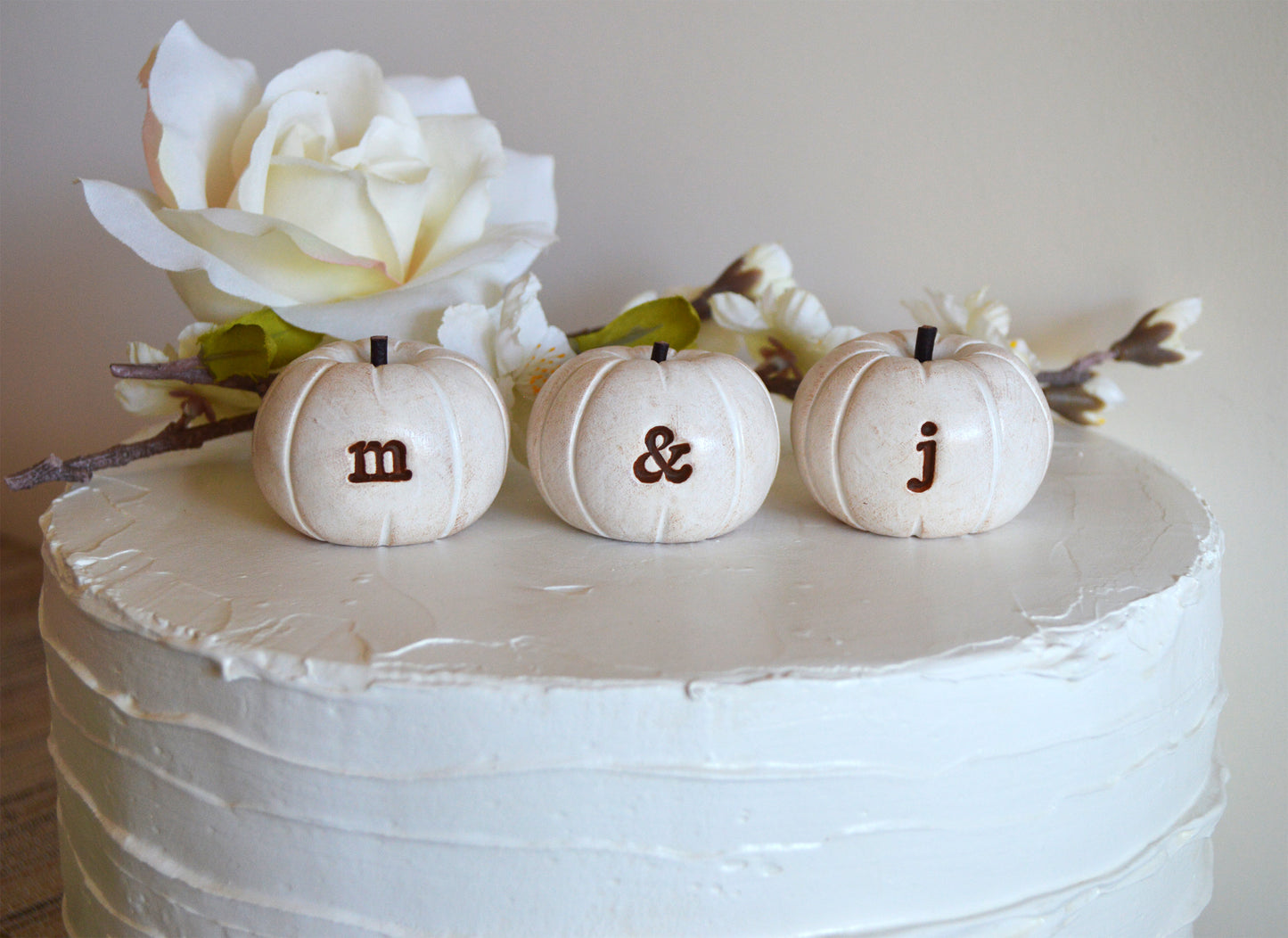 Custom personalized initials wedding cake topper white pumpkins / FREE SHIPPING