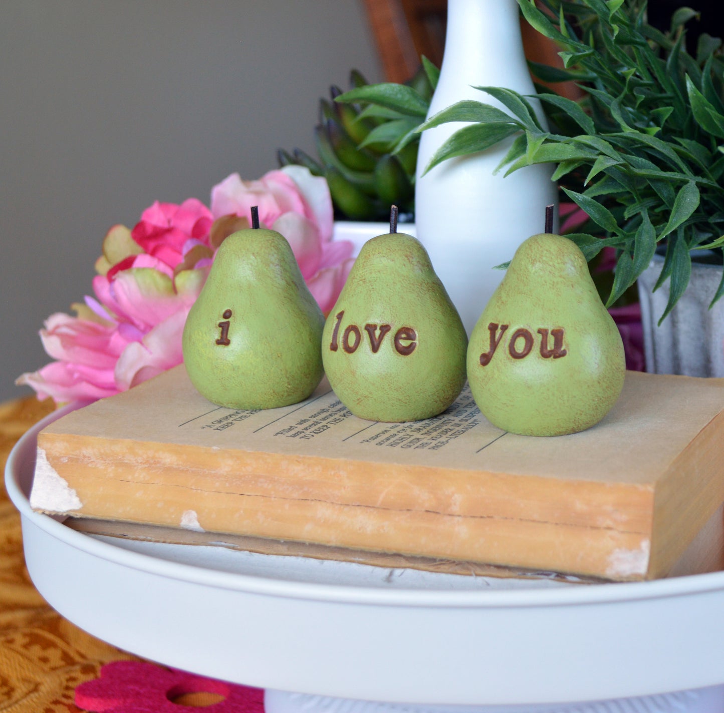 Set of 3 rustic green i love you pears / FREE SHIPPING